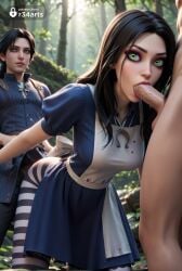 1boy 1boy1girl 1girls 2boys ai_generated alice_(madness_returns) alice_madness_returns apron artist_name bent_over black_hair blowjob blue_dress breasts clothed_female_nude_male clothed_sex day dress erection eyeshadow fellatio female forest green_eyes group_sex gumroad_username hi_res lips lipstick long_hair makeup medium_breasts mmf_threesome multiple_boys nature nose nude oral outdoors pantyhose patreon_username penis puffy_short_sleeves puffy_sleeves r34arts red_lips sex sex_from_behind short_sleeves solo_focus spitroast straight striped_clothes striped_pantyhose threesome uncensored web_address