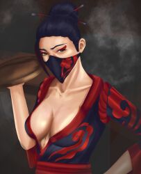 1girls 2025 animosity athletic athletic_female big_breasts black_hair breasts cleavage clothed clothing eyeliner eyeshadow face_mask female female_only fortnite green_eyes hair_bun kimono light-skinned_female light_skin red_jade short_hair solo standing tied_hair video_games