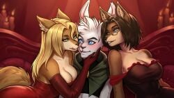 blonde_hair blue_eyes blush breasts brothel brown_body brown_fur brown_hair candle clothing collar detailed_background dress embarrased_horny eye_contact eyewear female fluffy fluffy_tail fur furniture glasses gloves green_collar green_eyes grey_eyes group hair hand_on_cheek handwear hug hugging_another katai_(lustration_team) looking_at_another male male/female pillow posing_suggestive red_background red_clothing red_dress red_pillow red_sofa seductive seductive_mouth simple_background smile smiling_at_another sofa tail tight_clothing tongue tongue_out trio white_body white_fur