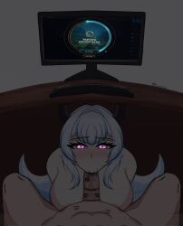 1girls 2d anastasia_white areolae big_breasts blush fellatio indie_virtual_youtuber latam_virtual_youtuber light-skinned_female light_skin long_hair looking_at_viewer nude nude_female oral oral_sex playing_videogame pov pov_male purple_eyes silver_hair spanish spanish_text virtual_youtuber voluptuous voluptuous_female vtuber