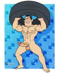 balls banana_desu brown_hair erection lance_loud lifting_object long_nose looking_at_viewer muscular muscular_male naked naked_male penis smile solo solo_male sweating the_loud_house working_out