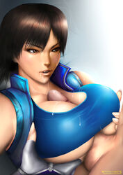 1girls breast_squeeze breasts brown_eyes brown_hair cleavage clothed_female_nude_male female fingerless_gloves gloves huge_breasts human kazama_asuka male namco paizuri paizuri_under_clothes partial_male paul_phoenix penis short_hair solo_focus straight sweat tekken uncensored underboob windbelow