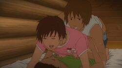 1girls 2boys all_fours anal anal_sex animated animated_image bed bedroom breast_grab breasts breasts_out brown-haired_female brown-haired_male brown_eyes brown_hair canonical_scene closed_eyes clothed clothed_sex cowdog_double_penetration cowdog_position double_breast_grab double_penetration earrings erika_(gyo) female gif gyo_tokyo_fish_attack hi_res male mmf_threesome moaning moaning_in_pleasure mole mole_under_mouth nude open_mouth pink_shirt pleasure_face pussy sandwiched screencap sex shirt shirt_lift short-haired_female short_hair shorts shorts_down tagme threesome vaginal_penetration vaginal_sex