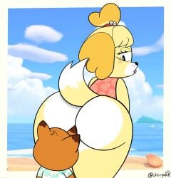 animal_crossing anthro ass beach butt_sniffing canid canine canis cherrym0nr domestic_dog duo female hi_res male male/female mammal nintendo procyonid raccoon sniffing tom_nook_(animal_crossing)