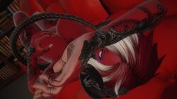 1girls au_ra final_fantasy_xiv fully_nude glowing_eyes henna laying_down laying_on_back naked_female obscured_breasts red_body red_hair red_skin scales sheep_horns tattoo tokenredra white_eyes