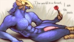 1boy 2015 abs anthro avian azir beak bird claws erection flower fur kheltari league_of_legends lying male male_only muscles nude open_mouth pecs penis plant rose solo text tongue video_games