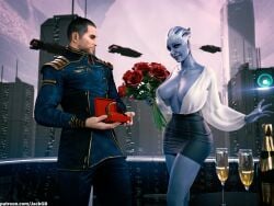 1boy 1girls 2026 3d areolae areolae_slip asari big_breasts blouse blue-skinned_female blue_eyes blue_nails blue_skin blue_skinned_female breasts champagne_glass cleavage clothed clothed_female clothed_male commander_shepard deep_cleavage detailed_background duo ecstatic eyeshadow female highly_detailed indoors instant_loss interracial jackgb jewelry john_shepard legs_together liara_t'soni loose_top male mass_effect miniskirt offering_gift pencil_skirt roses short_skirt skimpy skimpy_clothes skin_tone_difference skirt standing straight valentine's_day