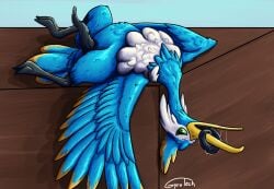 animal_genitalia avian avian_feet beak blue_body cloaca cramorant facial_markings fan_character feathered_crest feathered_wings feathers feet feral generation_8_pokemon genitals green_eyes gyrotech head_crest head_markings hi_res male markings mask_(marking) membrane_(anatomy) nintendo penis pokemon pokemon_(species) spiral_penis tail tail_feathers thunk_(gyro) toes webbed_feet white_markings wings yellow_markings