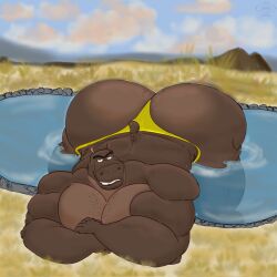 2026 anthro ass big_butt big_muscles big_pecs body_hair chest_hair clothed clothing common_hippopotamus crossed_arms digital_drawing_(artwork) digital_media_(artwork) dreamworks english_description eyebrows hi_res hippopotamid madagascar_(series) male mammal mezmerordinary moto_moto muscular muscular_anthro muscular_arms muscular_male partially_submerged pecs small_ears small_tail smile solo tail thong thong_only topless underwear underwear_only unibrow yellow_clothing yellow_thong yellow_underwear