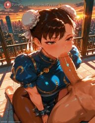 1boy ai_generated blue_dress blush bracelet breasts brown_eyes brown_hair chinese_clothesstreet_fighter chun-li clothed_female_nude_male double_bun dress earrings fake_art fellatio female fingerhotpepper jewelry large_breasts nude oral pantyhose penis short_sleeves solo_focus spiked_bracelet spikes straight sweat veins