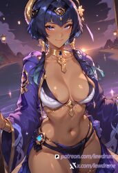 ai_generated alternate_costume animal_print areola_slip average_breasts blue_eyes blush breasts candace_(genshin_impact) choker cleavage collarbone dark_skin female genshin_impact lewdrune light_blue_hair long_hair looking_at_viewer medium_breasts navel skindentation smile solo stomach thick_thighs thighs