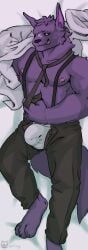 absurd_res anthro bare_chest bed_sheet bedding blep body_pillow bulge canid canine canis chaos_zero_nightmare clothing fur hi_res hugo_(chaos_zero_nightmare) lying male mammal muscular muscular_anthro muscular_male necktie nipples on_back pecs pillow purple_body purple_fur scar shirt solo suggestive suit_pants suspenders tongue tongue_out topwear underwear white_clothing white_shirt white_topwear wolf woopling