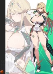 absurdres arm_guards bare_shoulders big_breasts blonde_hair blush breasts chest_jewel cleavage cleavage_cutout clothing_cutout dress earrings elbow_gloves female gloves high_heels highres huge_breasts jewelry long_hair looking_at_viewer microdress mythra short_dress swept_bangs thigh_strap tiara white_dress white_gloves xenoblade_(series) xenoblade_chronicles_2 yanje yellow_eyes zoom_layer