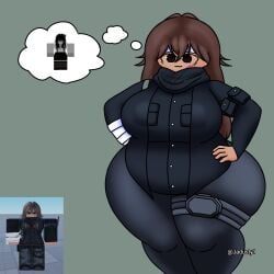 1girls :3 clothed curvy hands_on_hips hyper_ass hyper_breasts hyper_thighs jadusty1 not_porn reference_image roblox roblox_avatar robloxian scarf solo solo_female solo_focus tagme thigh_strap