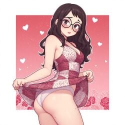 1girls ai_generated brown_eyes brown_hair bubble_ass bubble_butt butt_focus cute_face dress dress_lift dress_lifted_by_self female female_focus flowers fluffy_hair geek glasses heart innocent kyokalovesxo lifting_skirt light-skinned_female looking_at_viewer makeup mole mole_under_eye moles nerdy_female pale-skinned_female pale_skin panties petite petite_body pink_background pink_dress pretty_face red_background round_ass seductive skinny_female soft_breasts soft_skin sundress underwear valentine's_day white_panties young_female younger_female youthful_features