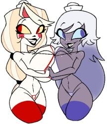 2girls angel angel_girl big_ass bikini breast_to_breast charlie_morningstar_(hazbin_hotel) deadass_77 demon demon_girl emily_(hazbin_hotel) female female_only hazbin_hotel huge_ass huge_breasts lesbian nurse nurse_bikini nurse_cap pressing_breasts_together teasing