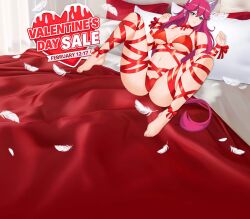 1girls bed bedroom blue_eyes comically_large_bed female headphones inviting_to_fuck inviting_to_sex laying_on_back laying_on_bed lingerie looking_at_viewer nutaku nutaku-tan pink_hair tagme valentine's_day
