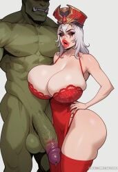 1boy 1girls ai_generated big_ass big_balls big_breasts big_butt big_penis bimbo bimbo_lips breasts female lingerie lipstick lipstick_on_penis orc orc_(warcraft) orc_male orced red_eyes red_lingerie sally_whitemane thick_thighs warcraft white_hair wide_hips world_of_warcraft