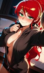 1girls ai_generated blush circlet embarrassed embarrassed_female gorget green_eyes high_ponytail hoodie hoodie_only long_hair looking_at_viewer open_clothes open_hoodie ponytail pyrrha_nikos red_hair rwby selfie selfie_pose shiny_hair shiny_skin sidelocks smile solo solo_female sweat tagme wavy_mouth