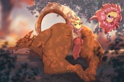 2_horns absurd_res ambiguous_gender anal anal_sex anal_vore anthro anthro_on_anthro anthro_penetrated anthro_penetrating anthro_penetrating_anthro anus ass blue_eyes cloud digital_media_(artwork) duo english_text fur genitals grass hi_res horn hybrid knot knotted_penis kobold male male/ambiguous male_penetrated mammal open_mouth orange_body orange_fur penetration penis plant presenting presenting_anus presenting_hindquarters presenting_penis scalie sex shyryp size_difference sky smile text tongue tongue_out tree vore white_body white_fur yellow_body