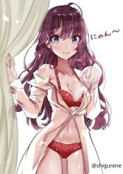 1girls ahoge arm_support blue-eyed_female blue_eyes blush blush_face blushing_at_viewer blushing_female blushing_lines bra breasts closed_mouth_smile eyebrows_visible_through_hair female gakuen_idolmaster ichinose_shiki idolmaster idolmaster_cinderella_girls lace_bra lace_panties lace_underwear laced_bra laced_panties laced_underwear naked_shirt open_clothes open_clothing open_shirt open_topwear panties petite petite_body petite_breasts petite_female petite_girl petite_tits purple-haired_female purple_hair red_bra red_panties red_underwear shigurene shirt small_breast small_breasts smile smiley_face smiling smiling_at_viewer the_idolm@ster the_idolm@ster_cinderella_girls tiny_breasts unbuttoned unbuttoned_shirt underwear white_shirt white_topwear