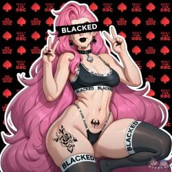 ai ai_generated blacked blacked_clothing bnwo clothed clothing collar dizelxl edit facial female female_focus female_only league_of_legends long_hair noxus_tattoo peace_sign pink_hair queen_of_spades queen_of_spades_symbol queen_of_spades_tattoo riot_games seraphine_(league_of_legends) solo sports_bra sportswear thick_thighs thighhighs thong_panties