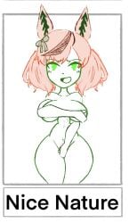 1girls arms_covering_nipples big_breasts deadass_77 embarrassed embarrassed_naked_female embarrassed_nude_female enf female green_eyes green_ribbons hairy_pussy horse_ears horse_girl naked nice_nature_(umamusume) nude red_hair red_pubic_hair sketch thick_thighs umamusume white_background