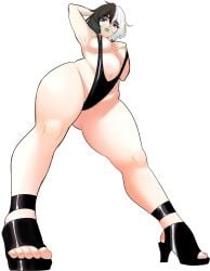 1girls areola_slip black_hair breasts female female_only green_eyes green_lipstick hand_behind_head heels hi_res leotard looking_at_viewer purple_eyeshadow skimpy skimpy_clothes solo thick_thighs toookifu two-tone_hair viewed_from_below white_background white_hair yorra_villeneuve zirca_2036