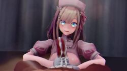 1boy 1girls 3d animated blue_eyes blush breasts brown_hair censored dark-skinned_male dark_skin gloved_handjob gloves handjob hat hospital_room huge_breasts indoors light-skinned_female light_skin loop male_pov mikumikudance mmd mosaic_censoring nijisanji nurse_cap nurse_uniform penis post-orgasm post-orgasm_handjob post-orgasm_torture pov room sound suzuhara_lulu syobons_(shupi-san) video virtual_youtuber white_gloves