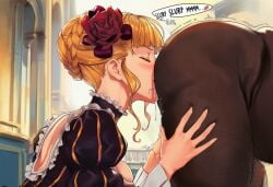 1boy 1girls ai_generated alleyway anilingus ass beatrice_(umineko) bent_over blonde_hair blush cheating choker closed_eyes dark-skinned_male day dress english_text face_in_ass fat_male female female_focus female_rimming_male hair_flower hair_ornament hairy_male hand_on_another's_thigh hand_on_thigh hazakura151 homeless homeless_male huge_breasts interracial light-skinned_female male netorare pleasure_face pleasured rimming saliva saliva_trail slurp stinky_ass stray_pubes stray_pubic_hair street sunny text three-quarter_view trembling umineko_no_naku_koro_ni