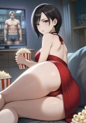 1girls ada_wong ai_generated ass ass_focus big_ass popcorn red_dress red_underwear resident_evil resident_evil_4 xxx_vrouw