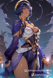 ai_generated anime average_breasts blue_eyes candace_(genshin_impact) dark_skin female genshin_impact half_closed_eyes illustration lewdrune light_blue_hair long_hair medium_breasts solo standing wading wet_clothes