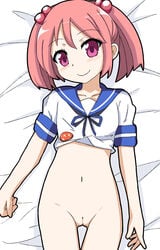 bed blush bottomless female kantai_collection lying navel on_back pink_eyes pink_hair pussy sazanami_(kantai_collection) short_hair silvia5640 smile solo tied_hair twintails uncensored