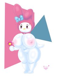 1girl anthro areola areolae artist_name big_breasts big_thighs black_eyes blush blush_lines blushing blushing_female bowtie breasts bunny digital_drawing_(artwork) digital_media_(artwork) fanart female female_only flower fur genitals hello_kitty_(series) holding_flower huge_thighs my_melody nipples pupils pussy rabbit sanrio smile solo superstarplasma white_body white_fur yellow_nose
