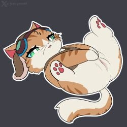 ass blizzard_entertainment digital_media_(artwork) eyewear eyewear_on_head female feral fika_(overwatch) fur genitals godforgiveme4 goggles goggles_on_head green_eyes hi_res nude orange_body orange_fur simple_background smile solo tail vulva