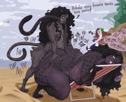 absurd_res ambiguous_penetration anthro areola ass beach big_butt biped bite black_hair breasts detailed_background dialogue dreamy_pride eyelashes felid female female_penetrated genitals grey_body group gynomorph gynomorph/female gynomorph_penetrating hair hi_res huge_butt intersex intersex/female intersex_penetrating larger_female mammal markings nipples nude outside pantherine penetration penile penile_penetration priscilla_(dreamy_pride) pupils sex size_difference smaller_gynomorph smaller_intersex spots spotted_body tail tail_bite tail_in_mouth text thick_thighs trio vulva