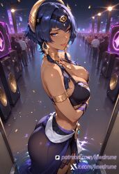 ai_generated anime average_breasts blue_eyes breasts candace_(genshin_impact) cleavage dark_skin female from_side genshin_impact gyaru half_closed_eyes illustration large_breasts lewdrune light_blue_hair long_hair looking_over_shoulder medium_breasts neon_lights point_of_view solo standing thick_thighs tongue wading