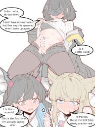 1futa 2girls arknights arknights:_endfield blush blushing_female censored chen_qianyu_(arknights) dialogue embarrassed embarrassed_female embarrassed_nude_futa endministrator_(arknights) futa_on_female futanari perlica_(arknights) physisyoon small_penis small_penis_adoration small_penis_futa text text_box text_bubble threesome