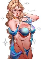 belly_dancer belly_dancer_outfit blonde_hair blue_eyes cleavage divahester elf elf_ears elf_female enslaved_royal femsub harem_girl harem_outfit huge_breasts loincloth long_hair pointy_ears princess_of_betrayal slave slave_collar slave_girl slave_outfit submissive_female