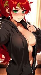 1girls ai_generated blush circlet embarrassed embarrassed_female gorget green_eyes high_ponytail hoodie hoodie_only long_hair looking_at_viewer open_clothes open_hoodie ponytail pyrrha_nikos red_hair rwby selfie selfie_pose shiny_hair shiny_skin sidelocks smile solo solo_female sweat tagme wavy_mouth