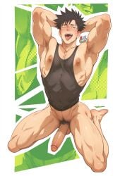 1boy 1male armpit_fetish armpit_hair armpits arms_behind_head arms_up big_penis black_hair fushiguro_megumi jujutsu_kaisen kneeling light-skinned_male long_penis looking_at_viewer male male_focus male_only male_solo masculine muscular_male nipple_slip nipples nipples_outside penis posing posing_for_the_viewer pubic_hair smelycheese solo solo_focus solo_male tagme tank_top tank_top_only tongue_out topwear_only winking_at_viewer