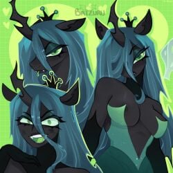 1girls 2026 anger_vein artist_name artist_signature batzuru black_body black_skin blue_hair breasts crown dark_blue_hair deep_cleavage dress fangs female female_focus female_only green_background green_eyes green_theme green_tongue hair_over_one_eye horn humanoid large_ears my_little_pony my_little_pony_friendship_is_magic nipple_slip queen_chrysalis_(mlp) skimpy_dress solo solo_female solo_focus thick_eyelashes wings