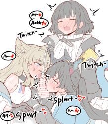 1futa 2girls arknights arknights:_endfield blowjob blush blushing_female censored chen_qianyu_(arknights) cum cum_outside dialogue embarrassed embarrassed_female embarrassed_nude_futa endministrator_(arknights) futa_on_female futanari horns licking licking_penis orgasm orgasm_face perlica_(arknights) physisyoon small_penis small_penis_adoration small_penis_futa text text_box text_bubble threesome_sex