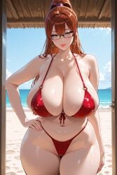 ai_generated auburn_hair bangs beach belly_button bikini cameltoe doorway female front-tie_bikini_top glasses hair_between_eyes hair_over_shoulder hair_tie hand_on_hip massive_breasts micro_bikini milf nipple_bulge ocean ocean_background pelvic_line ponytail red_clothing rgomez007 roof sagging_breasts seductive_smile solo_female stable_diffusion string_bikini thick_lips thick_thighs wide_hips