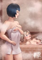 2girls ann_takamaki areolae atlus blonde_hair blue_eyes blue_hair breasts dark_blue_hair female female_only hi_res in_water narrowed_eyes nipples persona persona_5 razillon red_eyes smile steam tae_takemi towel towel_only twintails