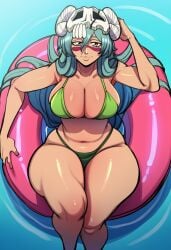 ai_generated big_breasts bikini bleach bleach:_the_thousand-year_blood_war floatie floating_object flotation_device green_hair humanoid nelliel_tu_odelschwanck novelai scar seasonedcum swimsuit swimwear water