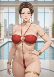 ai_generated armlet bandeau bangle blue_eyes blurred_background blurry_background brown_hair brunette_female cel_shading chain_bikini chains city_background curtains earrings female gold_chain gold_choker grok hair_ornament halter_top hand_on_hip hourglass_figure indoor_pool large_breasts leaf_crown milf monokini nail_polish one_hand_on_hip potted_plant revealing_swimsuit rgomez007 skindentation solo_female swimsuit thighlet underboob window