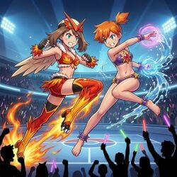2d 2girls ai_generated arena blaziken blue_eyes brown_hair brunette_hair cosplay female female_focus fight fighting_ring green_eyes kasumi_(pokemon) light_skin may_(pokemon) orange_hair pokemon pokemon_costume pokemon_trainer silhouette skimpy skimpy_clothes starmie tight_clothing