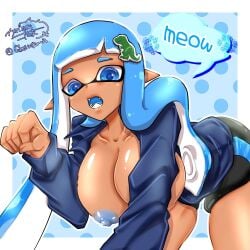 1girls big_breasts black_shorts blue_eyes blue_hair breasts cleavage female gbeimtama inkling inkling_girl jules_(carranza) long_hair looking_at_viewer nintendo nipples no_bra pointy_ears shorts splatoon splatoon_(series) splatoon_oc tentacle_hair thick_thighs thighs