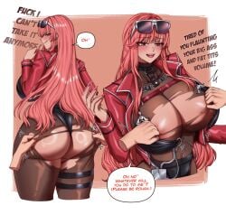 areolae ass before_sex big_ass big_breasts blush breast_grab breasts cleavage clothes_ripping forced_exposure goddess_of_victory:_nikke huge_ass huge_breasts ripped_bodysuit ripped_clothing ripped_pants ripped_pantyhose ryuukusnpaiarts taunting teasing teasing_with_butt text text_bubble thick_ass thick_thighs thigh_strap volume_(nikke)